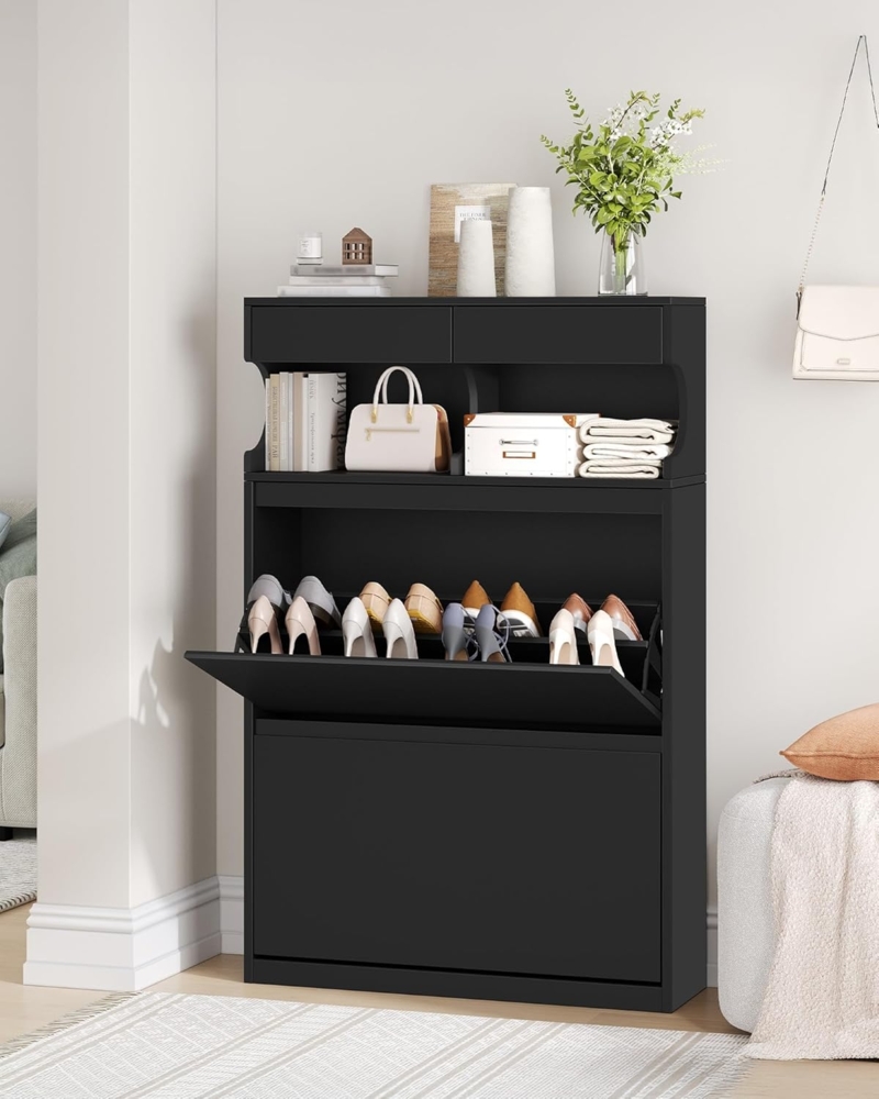 Schuhschrank, Schuhregal Schuhkipper Schmal, Verstellbar, Schuhkommode für Eingang, Flur, Garderobe, 16 Paar, 2 Klappen (80B cm), Schwarz Bild 1