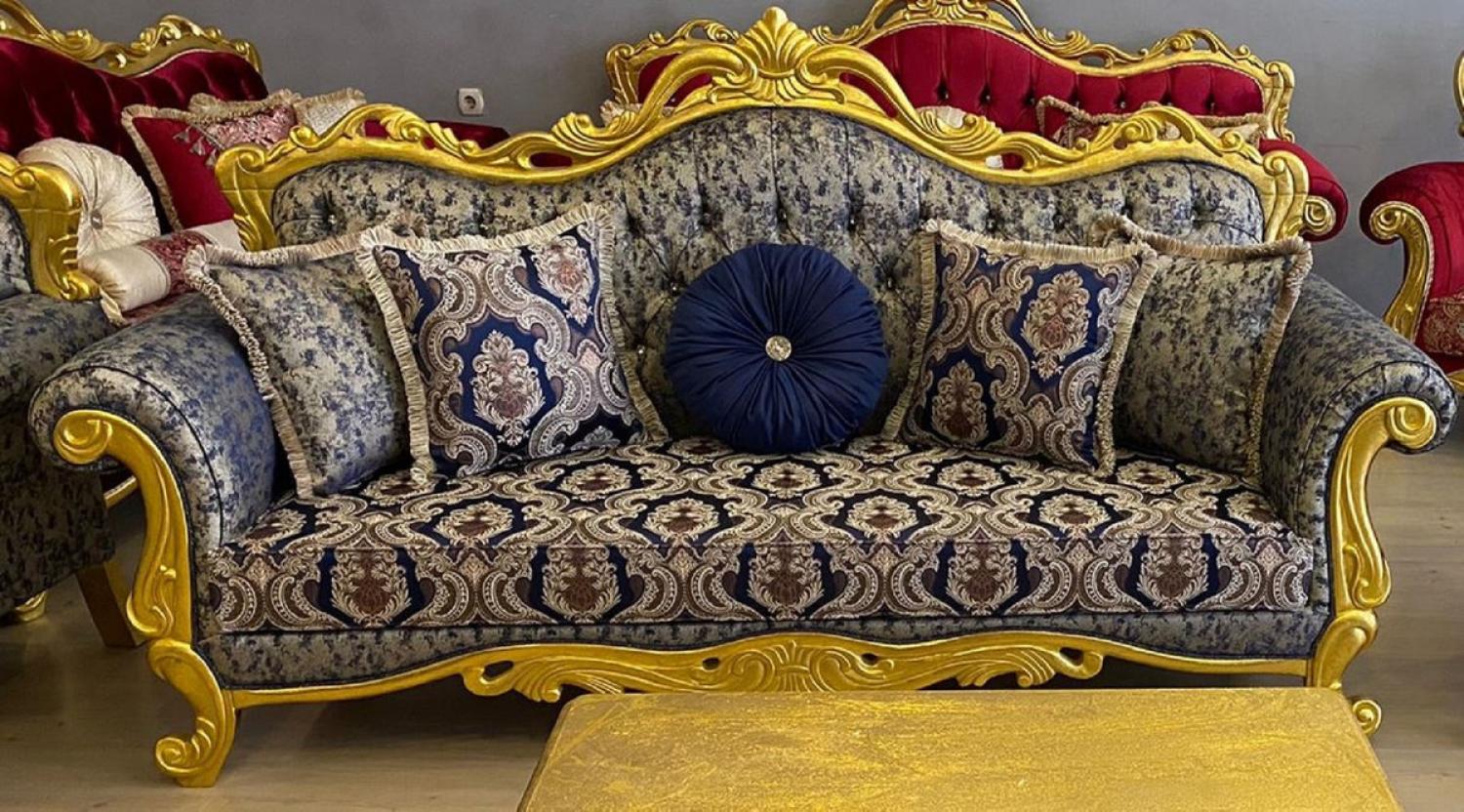 Casa Padrino Luxus Barock Sofa Dunkelblau / Beige / Gold - Prunkvolles Wohnzimmer Sofa mit elegantem Muster und Glitzersteinen - Wohnzimmer Möbel - Barock Möbel - Edel & Prunkvoll Bild 1