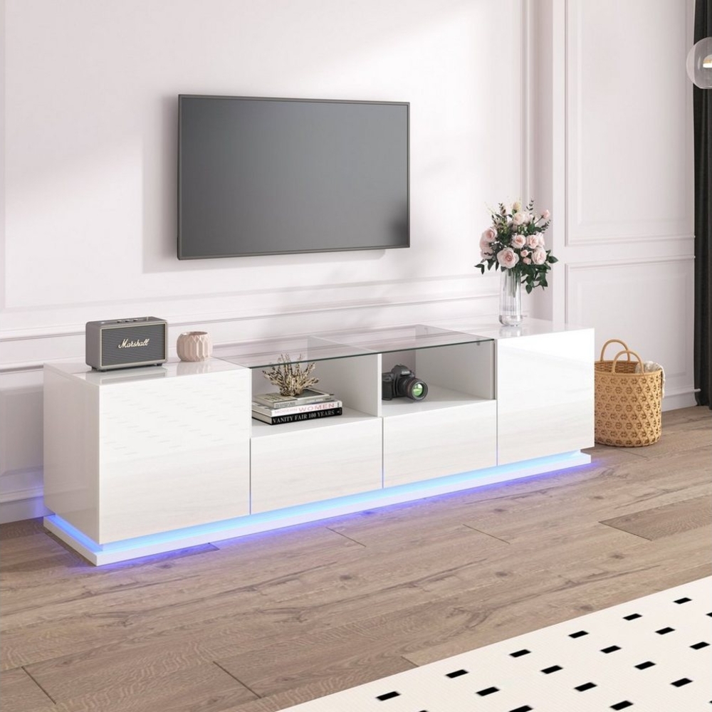 Merax Lowboard mit Glastischplatte und LED, B:165cm, TV-Schrank hochglanz, TV-Board mit Türen und Schubladen Bild 1