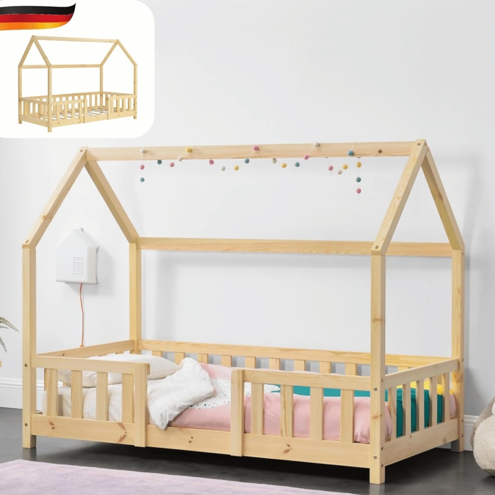 DELUKE® Kinderbett 80x160 cm LULO - Inkl. Lattenrost Rausfallschutz Einzelbett Hausbett Kinderzimmer Bodenbett Kinder Bett Klein Montessori Bett Braun Bild 1