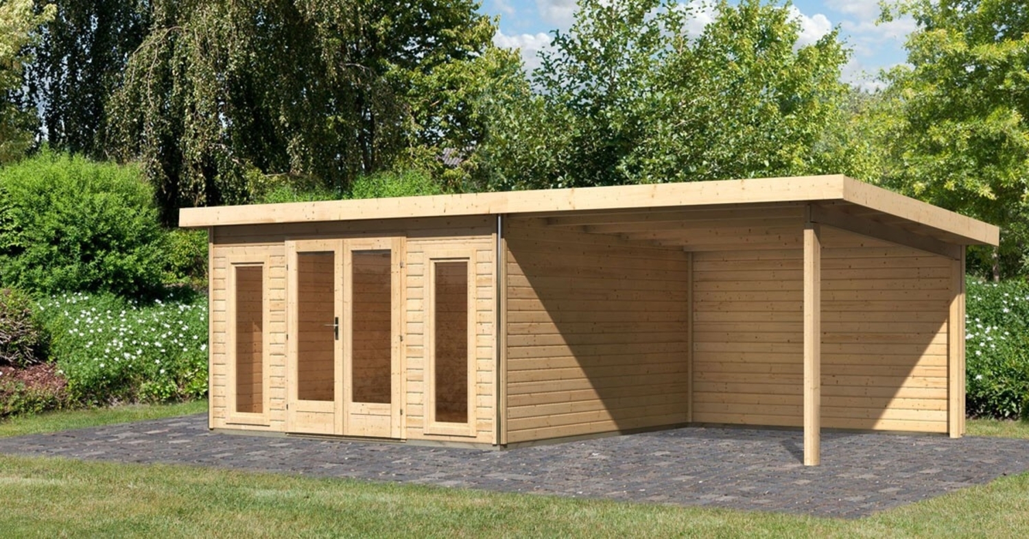 Gartenhaus Radeburg 3 - 369x369 cm plus Anbaudach 3,30m mit Rückwand, 40 mm Holz naturbelassen, Karibu Bild 1