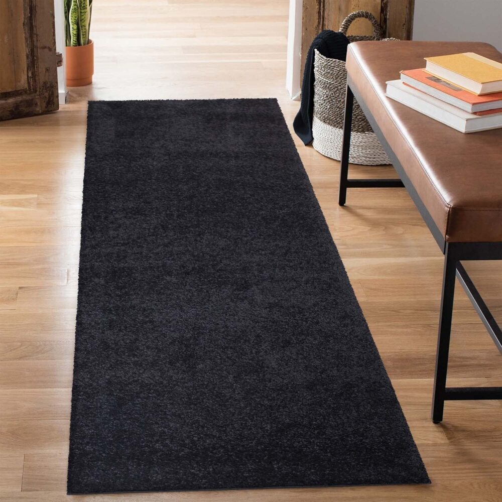 carpet city Shaggy Hochflor Teppich - Läufer 80x300 cm - Schwarz - Langflor Flurteppich - Einfarbig Uni Modern - Flauschig-Weiche Teppiche Schlafzimmer Deko Bild 1