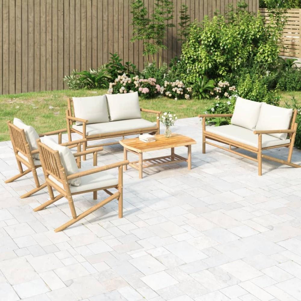 vidaXL 5-tlg. Garten-Lounge-Set mit Cremeweißen Kissen Bambus Bild 1