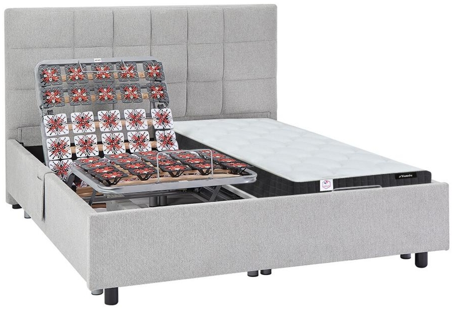 Vente-unique - Dekoratives Bett mit elektrischer Relaxfunktion mit Tellern + Taschenfederkern- & Memory-Schaum-Matratze - 2 x 80 x 200 cm - Stoff - Grau - MANAM von YSMÉE Bild 1