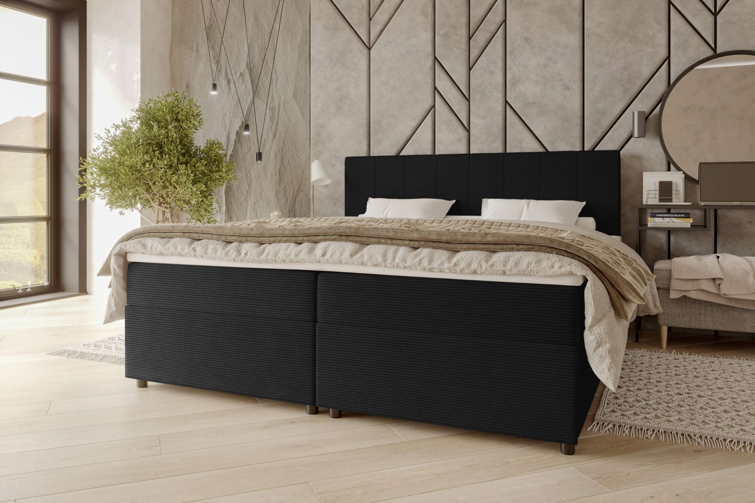 99rooms Kira Boxspringbett Cordstoff POSO Schwarz 180x200 cm Bild 1