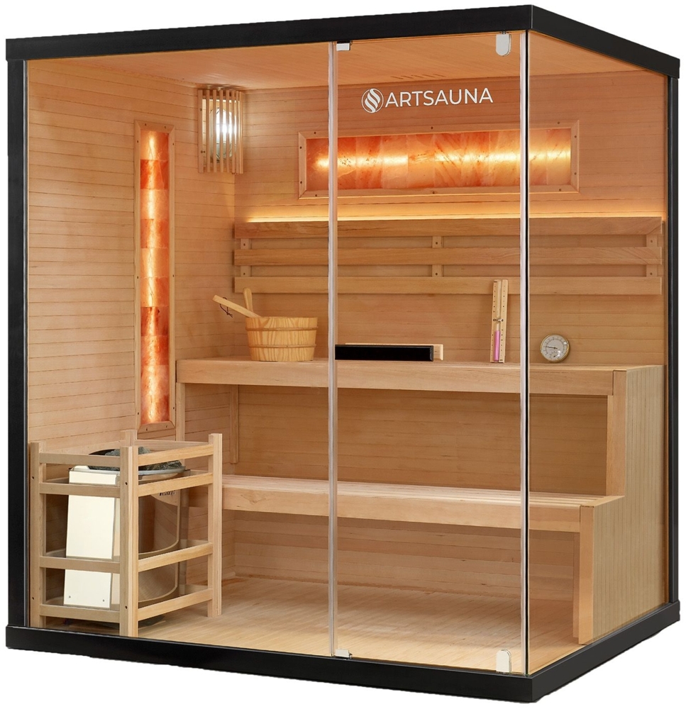 Artsauna Saunakabine Vantaa 175 mit Salzstein - Indoor Sauna 4 Personen - 8kW Ofen, Glasfront, LED Licht, Thermometer & Sanduhr - Komplett Set Bild 1