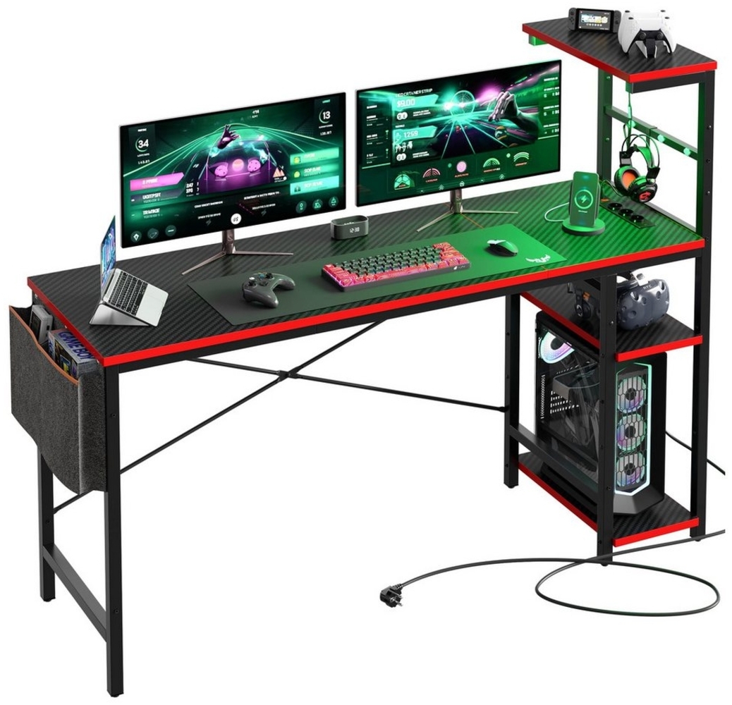 Bestier Gamingtisch Gaming-Schreibtisch mit Regalen, Stabil Schreibtisch LED-Beleuchtung (155 x 50 cm Computertisch mit Ablagefächern), PC-Gaming-Tisch mit Headset-Haken für Heimbüro, Raum Bild 1