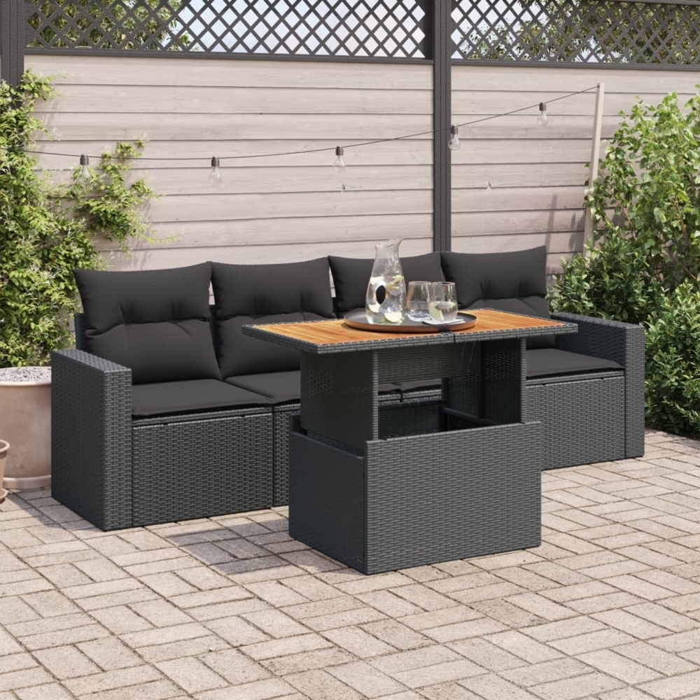 vidaXL 5-tlg. Garten-Sofagarnitur mit Kissen Schwarz Poly Rattan 3326981 Bild 1