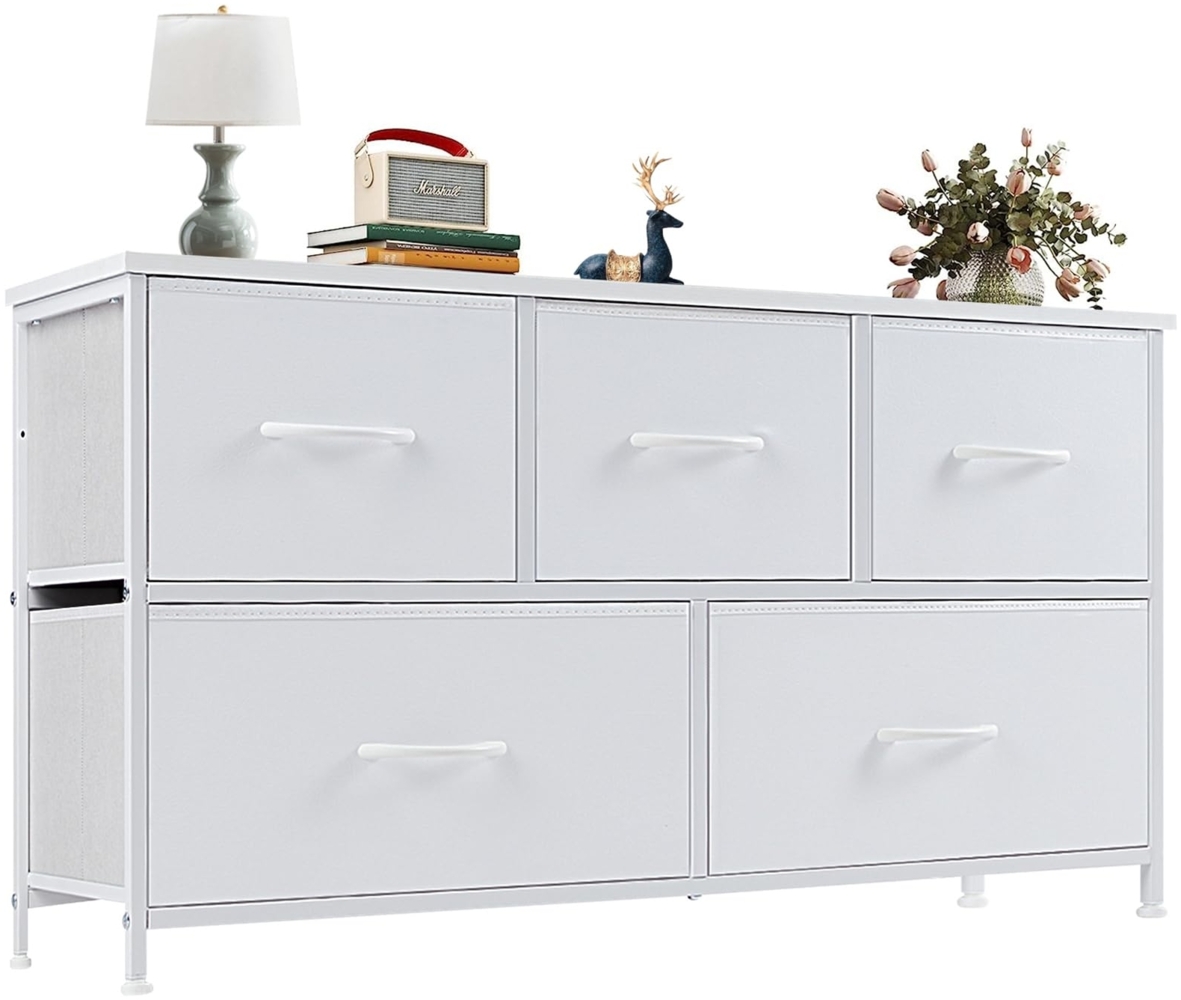 Sweetcrispy Kommode,Sideboard Wohnzimmer für Schlafzimmer mit 5 Stoffschubladen,Einstellbare Füße Schubladenschrank,Komodenschrank für Schlafzimmer,Modernes Weiß Bild 1