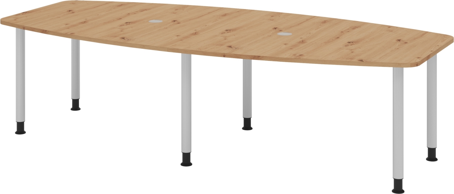 bümö Konferenztisch oval 280x130 cm großer Besprechungstisch in Asteiche, Besprechungstisch mit Gestell in silber, Meetingtisch für 10 Personen, XXL-Tisch für Besprechungsraum & Meeting, KT28C-R-S Bild 1