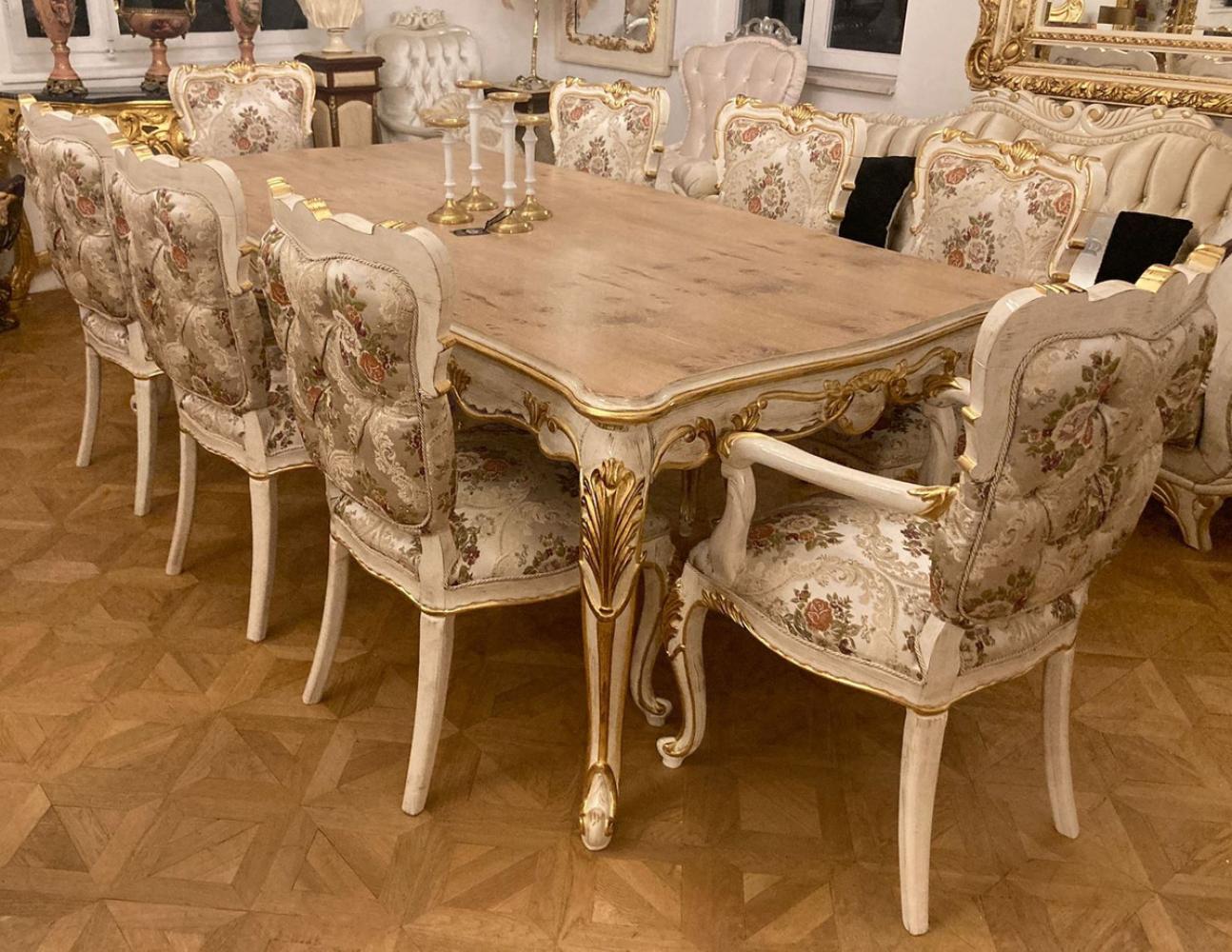 Casa Padrino Luxus Barock Esszimmer Set Silber / Mehrfarbig / Antik Weiß / Gold - 1 Barock Esstisch & 8 Barock Esszimmerstühle - Barock Esszimmer Möbel - Luxus Möbel im Barockstil Bild 1