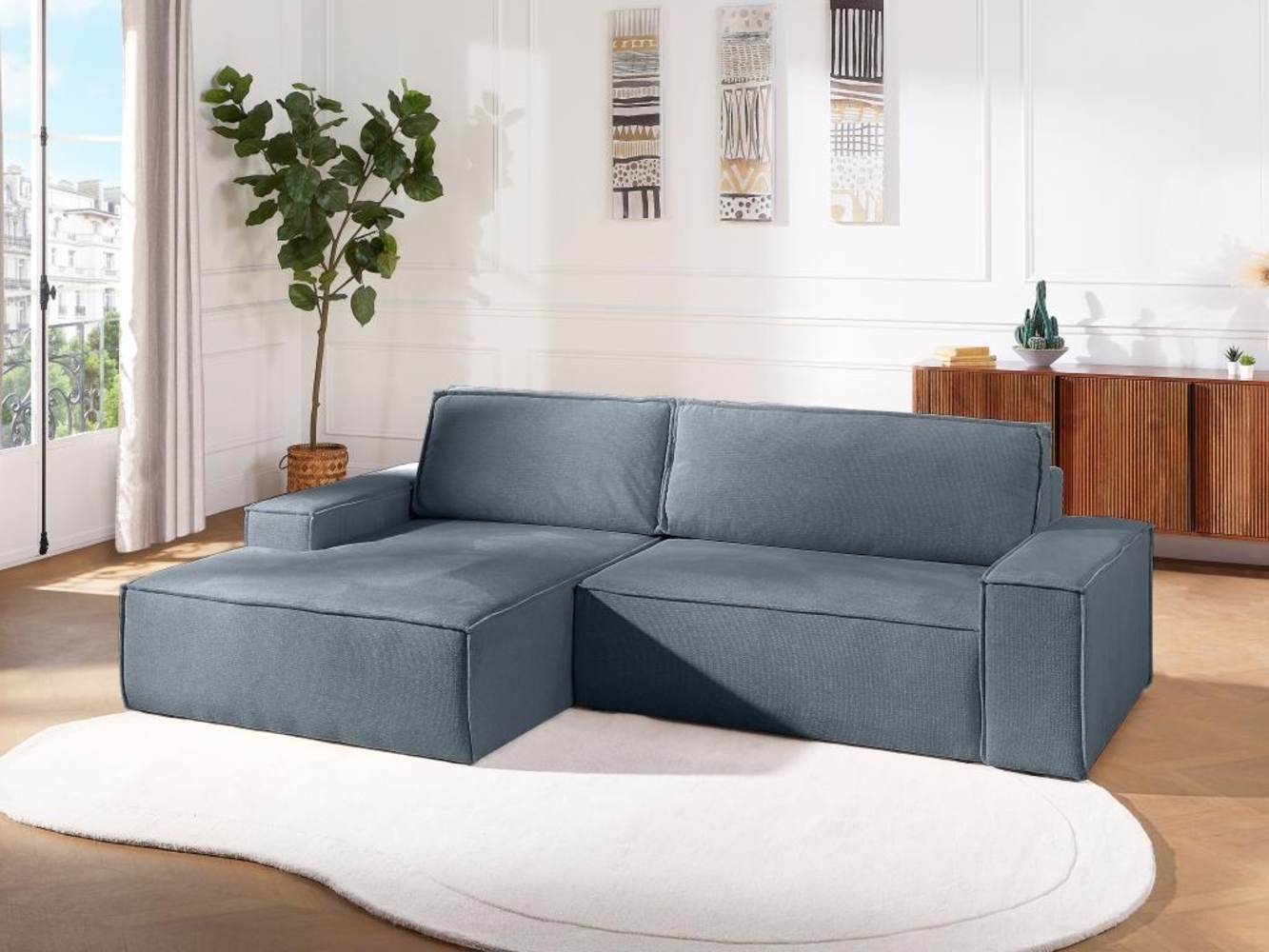 Vente-unique - Ecksofa mit Schlaffunktion - Ecke links - Strukturstoff - Blau - AMELIA Bild 1