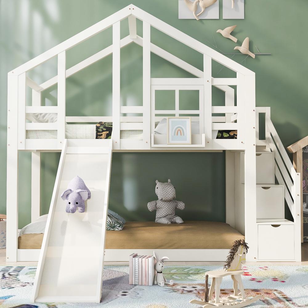 Merax Kinderbett Hausbett Baumhaus mit Schublade und Rausfallschutz 90 x 200 cm,Hochbett für Kinder–kinderbett mit rausfallschutz 2x Lattenrost- 2 Schlafplätze- Weiß Bild 1