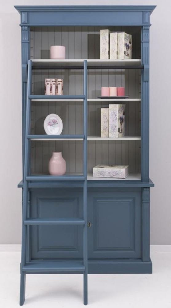 Casa Padrino Landhausstil Bücherschrank mit Leiter Blau / Grau 120 x 51 x H. 228 cm - Massivholz Schrank - Regalschrank - Wohnzimmerschrank - Büroschrank - Landhausstil Möbel Bild 1