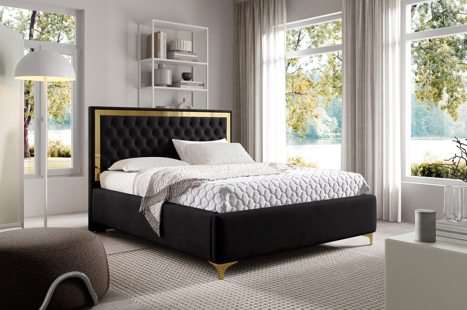 MEBLINI Polsterbett 180x200 mit Lattenrost ohne Matratze – ARONA GOLD – Schwarz Samt – Doppelbett mit Bettkasten - Stauraumbett - Kopfteil Bett mit Stauraum Bild 1