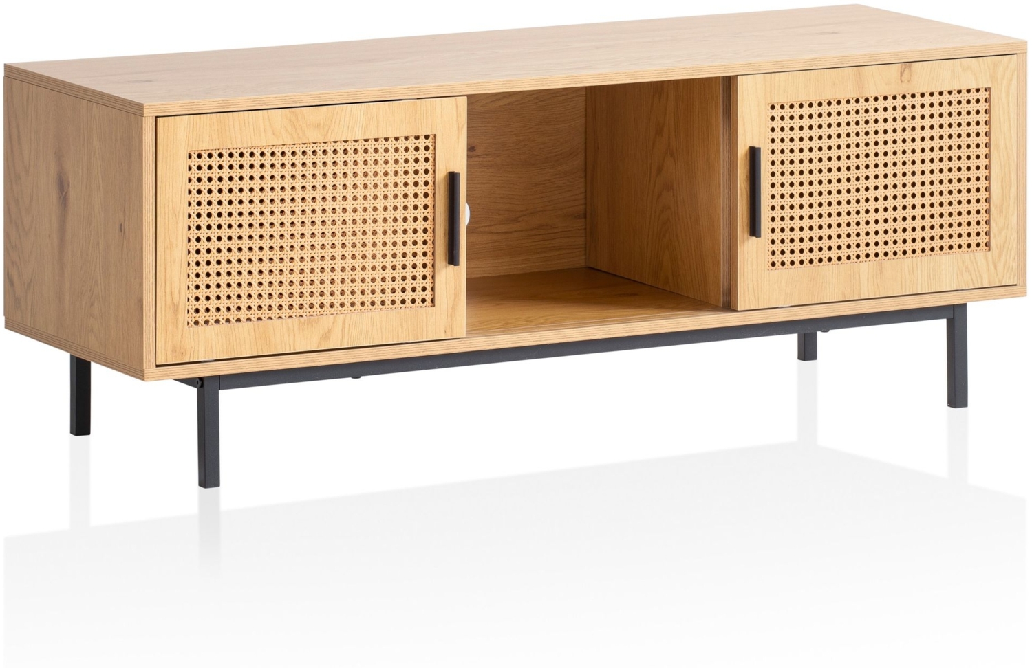 Lowboard Eiche-Dekor mit Wiener Geflecht 120 x 45,5 x 40 cm TV-Kommode Zeitlos mit Schiebe-Türen, Design TV-Schrank Hoch, Fernsehtisch Fernsehschrank, Fernsehkommode Wohnzimmer Rattan Bild 1