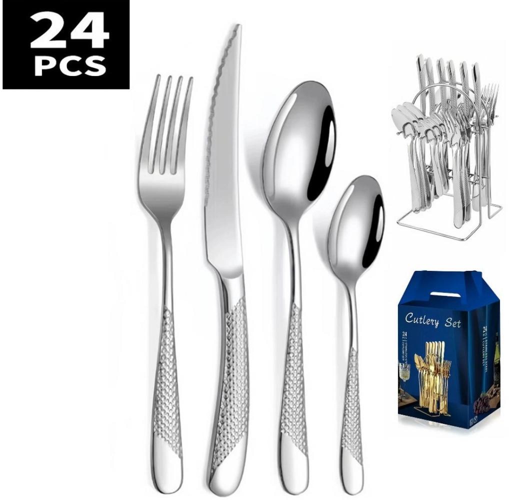 YNOFIT Besteck-Set 24-tlg, Stern-Diamant-Design, Erhältlich in zwei Geschenkboxen, 6 Personen, Edelstahl, 6 Tafelmesser, 6 Tafelgabeln, 6 Tafellöffel, 6 Teelöffel Bild 1