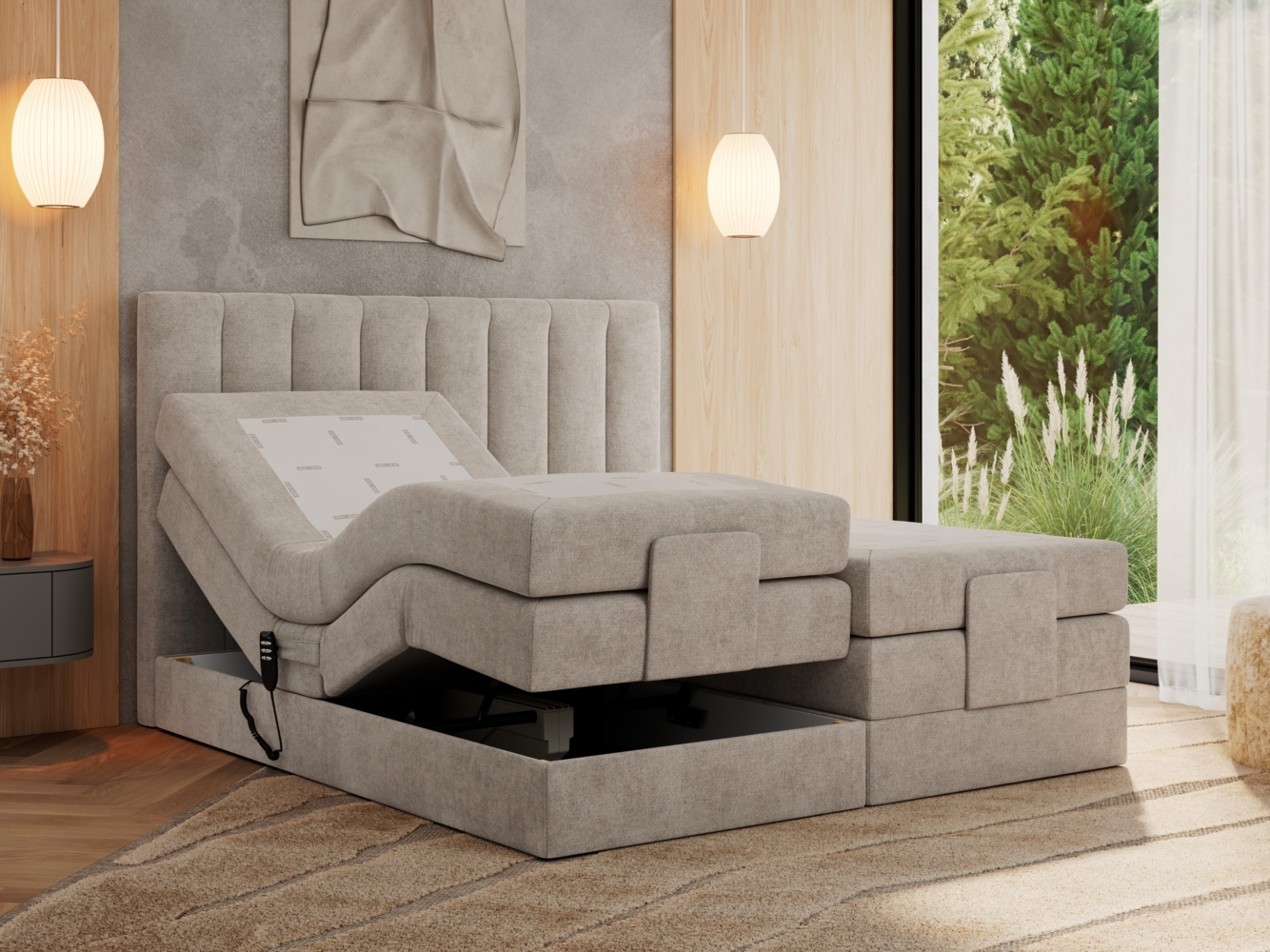 Boxspringbett mit elektrisch verstellbaren Matratzen, zwei Bettkästen und einem Topper - COMFORTO - 160 x 200 cm - Beige Stoff - H3 Bild 1