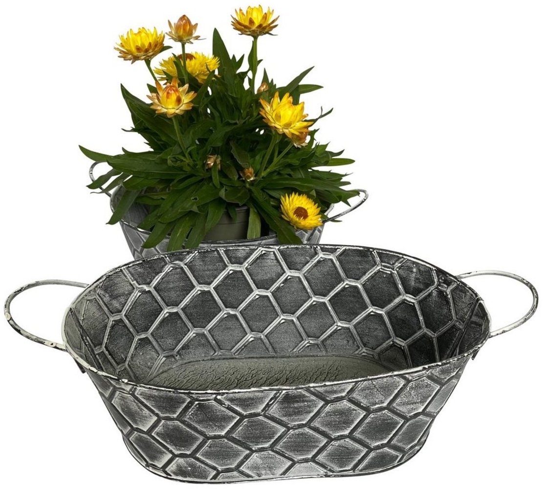 Online-Fuchs Blumentopf 2er Set Blumenschalen aus Zink im Waben-Dekor Form wählbar (Rund Oval, Metall, Silber, Grau, Vintage-Optik, Eimer), Maße: Ovale Schale ca. 30 x 19 x 11 cm. Rund ca. 22 x 25 x 11 cm Bild 1