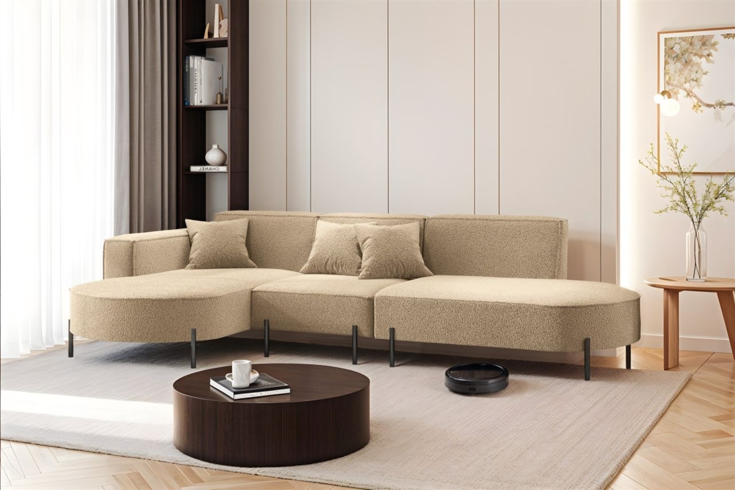 Ecksofa Designersofa VALENCIA in Stoff Quelle Hellbraun Ottomane Links Bild 1