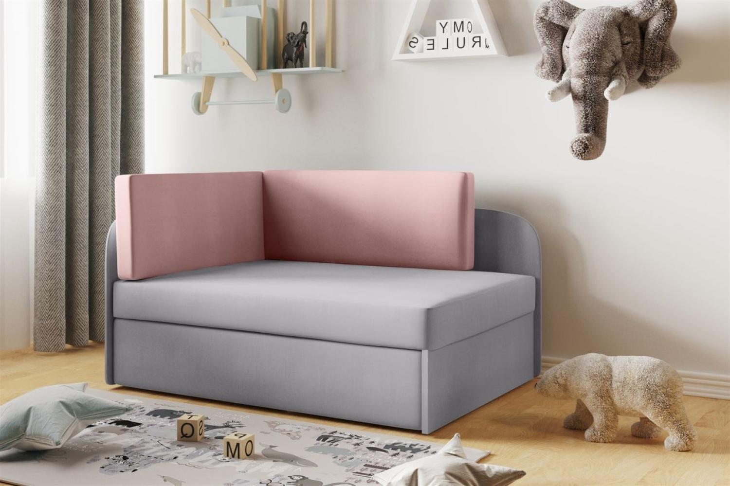 Sofa Kindersofa Schlafsofa inkl. Bettkasten MAILO Seite Rechts Stoff Hellgrau-Rosa Bild 1