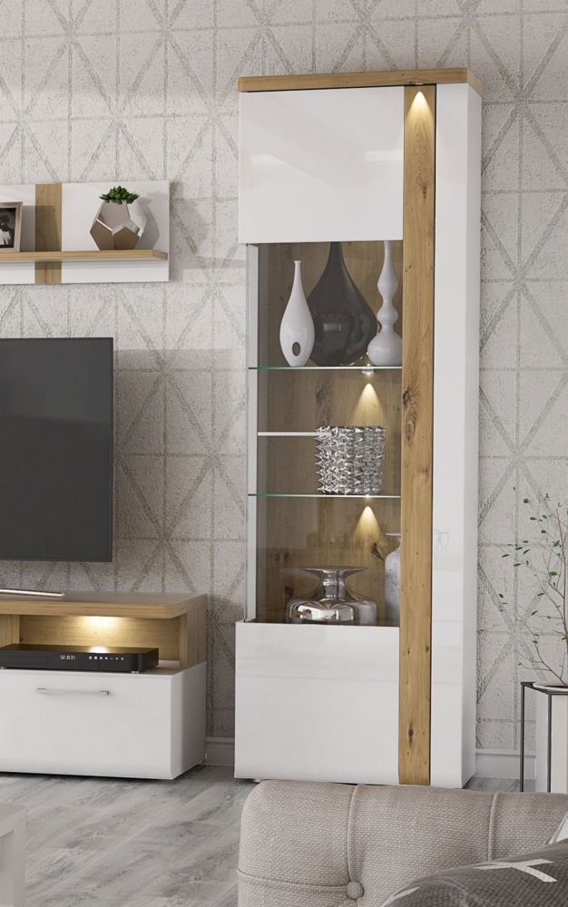 Vitrine Glasvitrine Standvitrine 66,5cm weiß hochglanz artisan eiche Mordern Bild 1