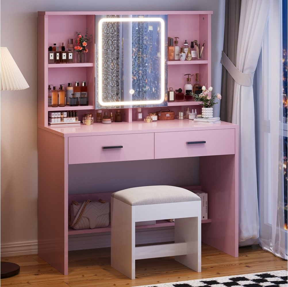 HOMALL Schminktisch Schminktisch mit Spiegel und LED 2 Schubladen und 6 Ablagefächer (Dreifarbiges Einbau-Lichtband mit Unterbau-Tretplatte Kostengünstige Wahl) Bild 1