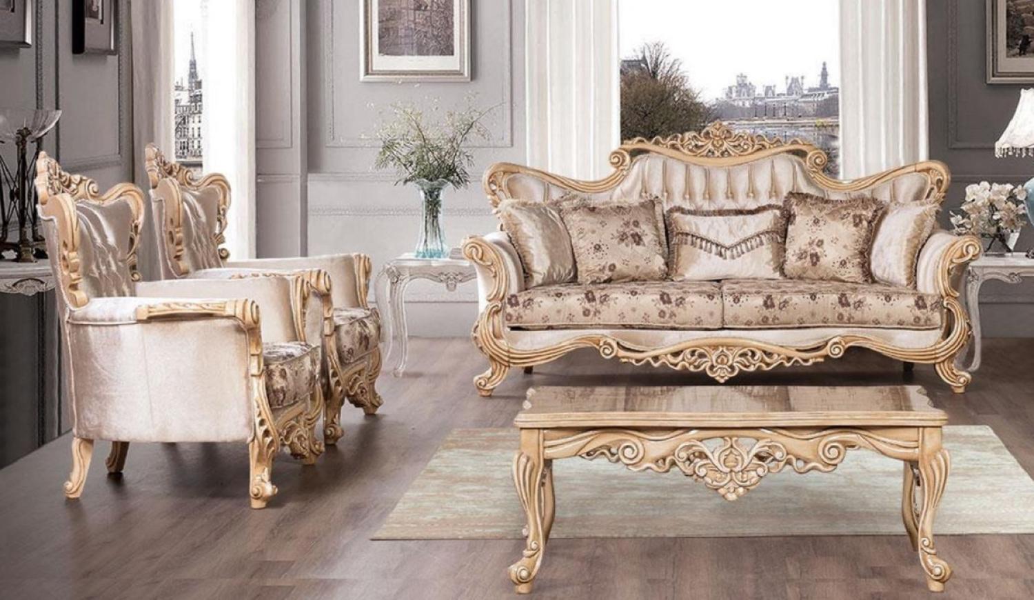 Casa Padrino Luxus Barock Wohnzimmer Set Beige / Braun / Naturfarben - 2 Barock Sofas mit Blumenmuster & 2 Barock Sessel mit Blumenmuster & 1 Barock Couchtisch - Barock Wohnzimmer Möbel Bild 1