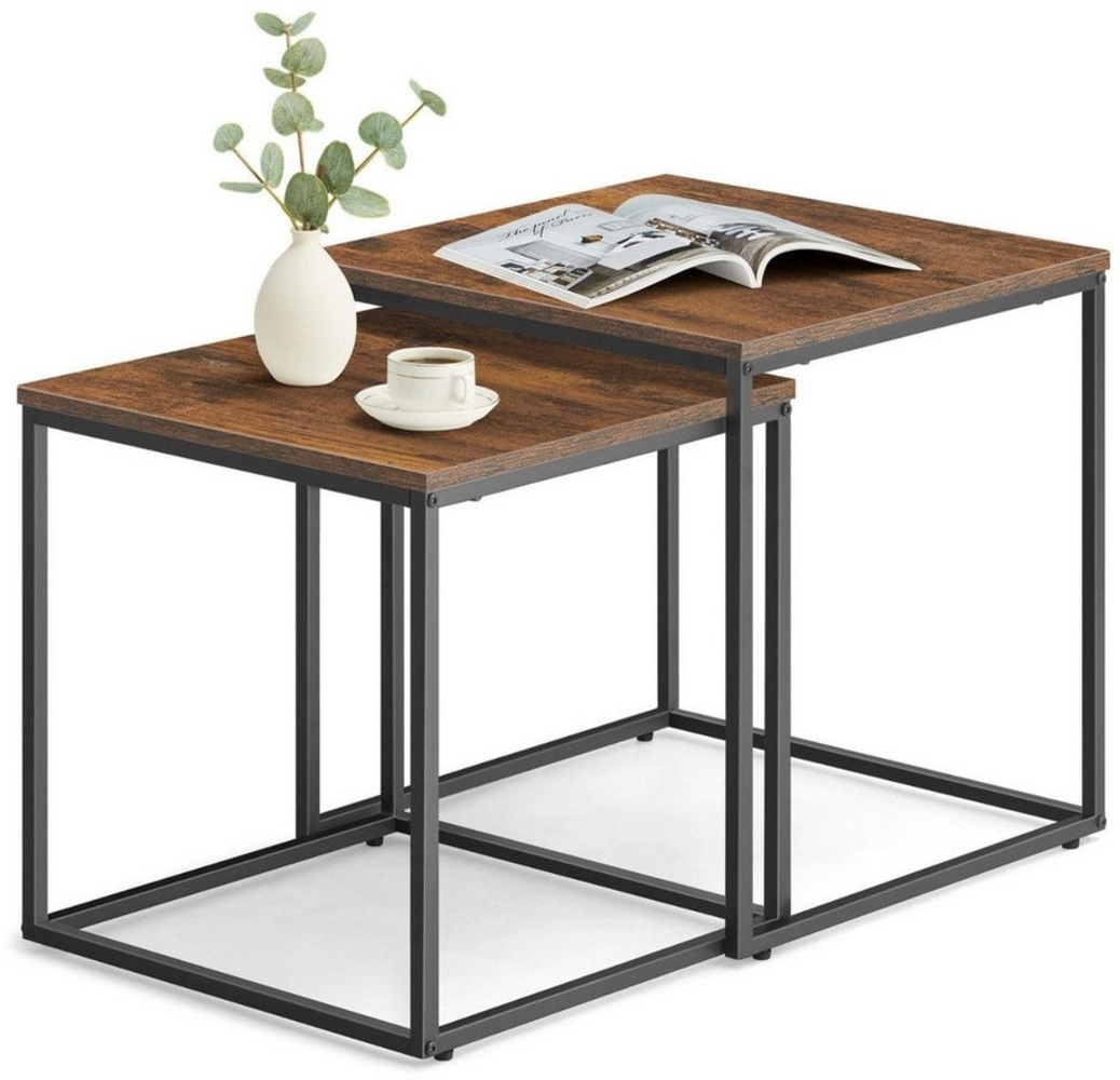 Home Collective Couchtisch 2er Set Beistelltisch Loft Design 2in1 Verschachtelung Wohnzimmer, kratzfeste Oberfläche 50&45cm Rustikal schwarzen Beinen quadratisch Bild 1