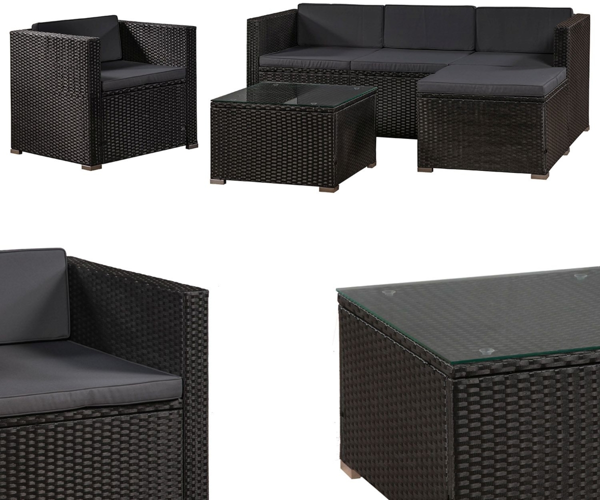 Juskys Polyrattan Lounge Punta Cana L schwarz – Gartenlounge für 4-5 Personen – Sitzgruppe mit Sessel, Sofa, Tisch & Hocker - Sitzbezüge Dunkelgrau Bild 1