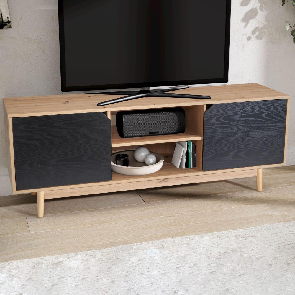 FineBuy Lowboard Eiche-Dekor Schwarz 150x55x40 cm TV-Kommode Modern, Design TV-Schrank Hoch, Fernsehtisch Fernsehschrank mit zwei Türen, Fernsehkommode Wohnzimmer Braun Bild 1