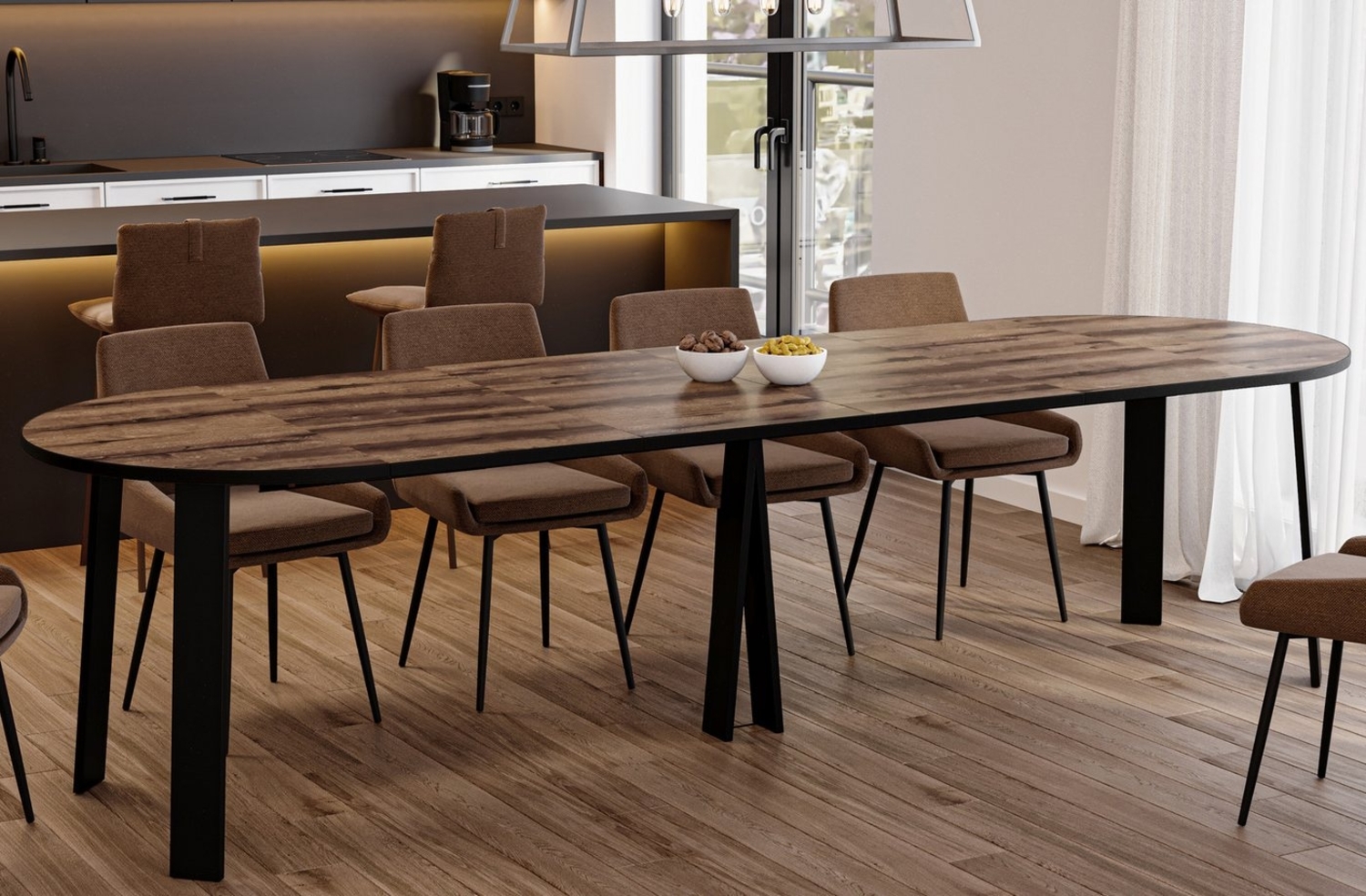 Endo-Moebel Esstisch XXL "Mars" 100-312cm ausziehbar, runder erweiterbarer Kulissentisch, langer / großer ovaler Tisch, Metallbeine, 53cm Erweiterungsplatten Bild 1