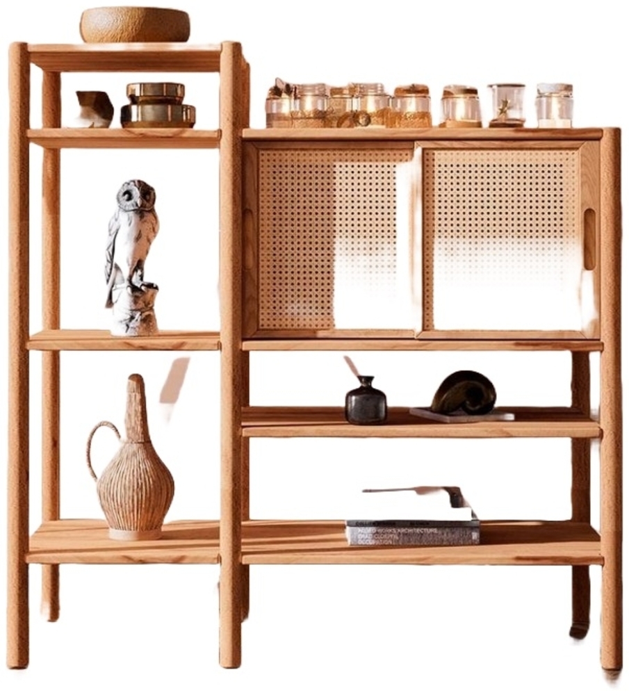 Bücherregal Zola Kernbuche massiv und Rattan 120x123 cm 2 Schiebetüren 5 Fächer Bild 1