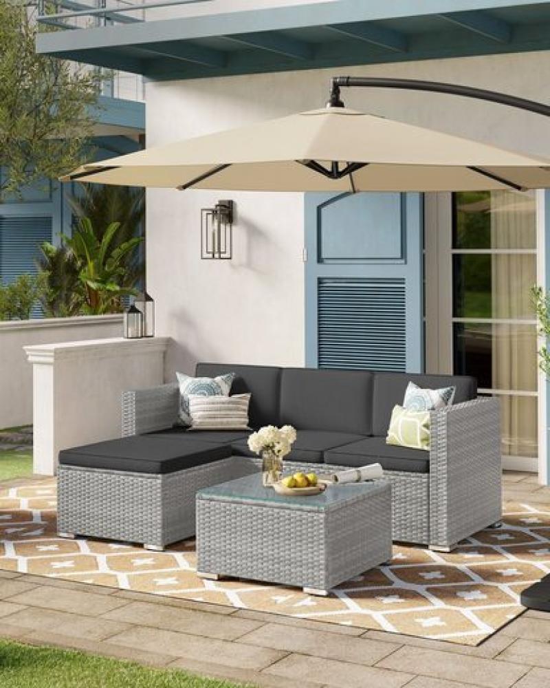 Gartenmöbel-Set, Balkonmöbel aus PE-Polyrattan, Terrassenmöbel, Ecksofa, Outdoor, handgeflochtenes Rattan, Lounge-Set, mit Kissen und Glastisch, grau-dunkelgrau Bild 1