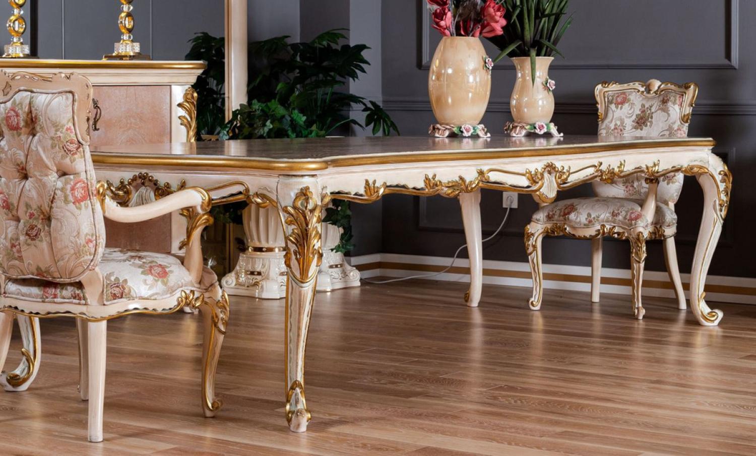 Casa Padrino Luxus Barock Esstisch Beige / Weiß / Gold - Prunkvoller Massivholz Esszimmertisch im Barockstil - Barock Esszimmer Möbel Bild 1