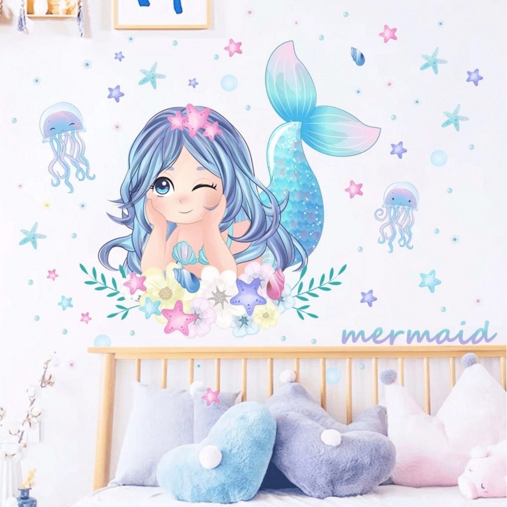 Montegoni Wandtattoo Kinder Wandsticker,Selbstklebende (Wandaufkleber Meerjungfrau,Quallen,Seesterne und Blumen, Deko Kindergarten Home Dekoration), wandtattoo für Mädchenzimmer,Babyzimmer Bild 1