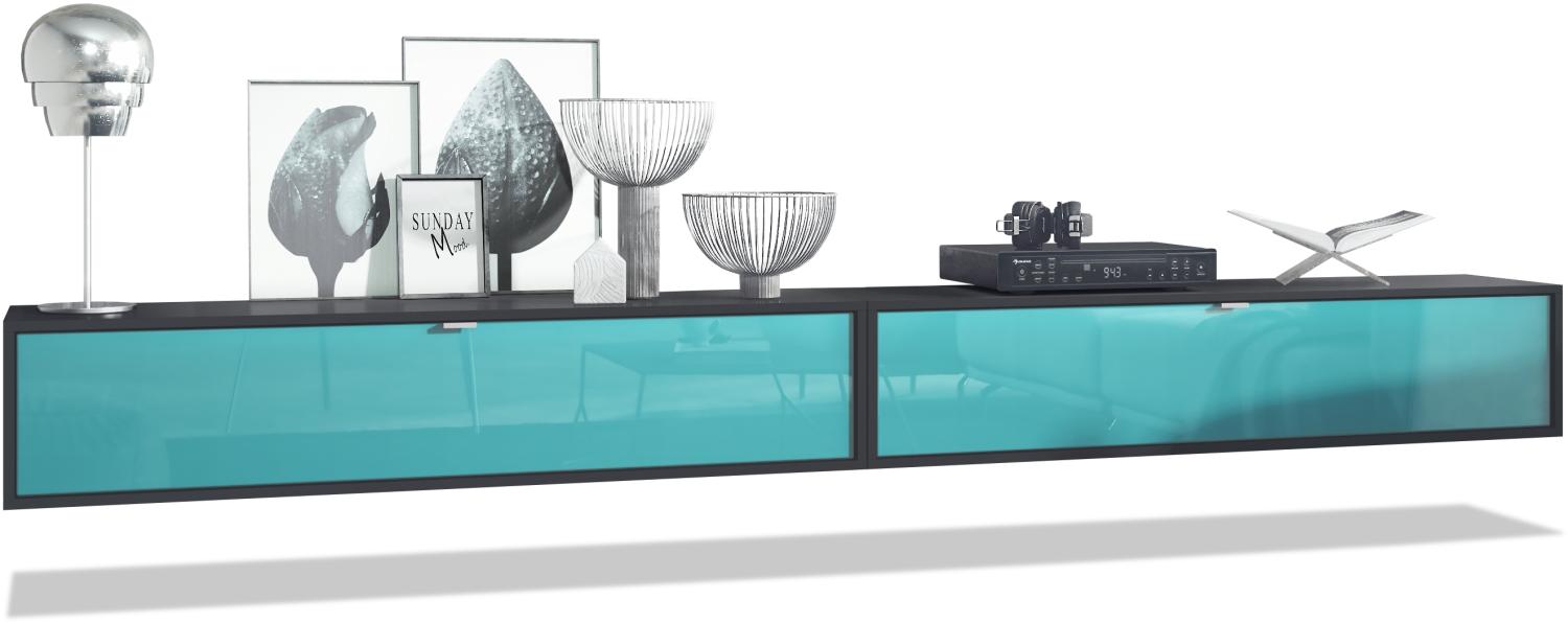 2er-Set TV Board Lana 140, Lowboards je 140 x 29 x 37 cm mit viel Stauraum, Korpus in Schwarz matt, Fronten in Petrol Hochglanz Bild 1