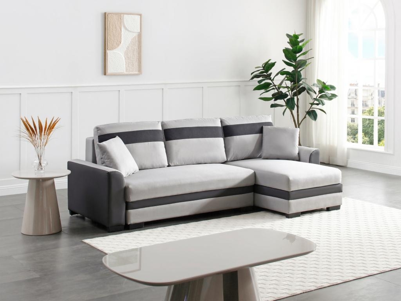 Vente-unique - Ecksofa mit Schlaffunktion - Ecke wechselbar - Stoff & Kunstleder - Hellgrau - GIANY II Bild 1