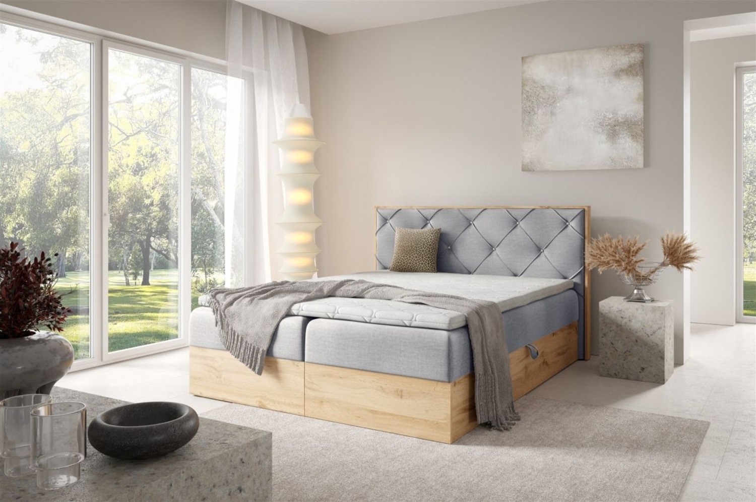 Boxspringbett Schlafzimmerbett HELIOS PREMIUM 200x220cm in Stoff Rouge Hellgrau Bild 1