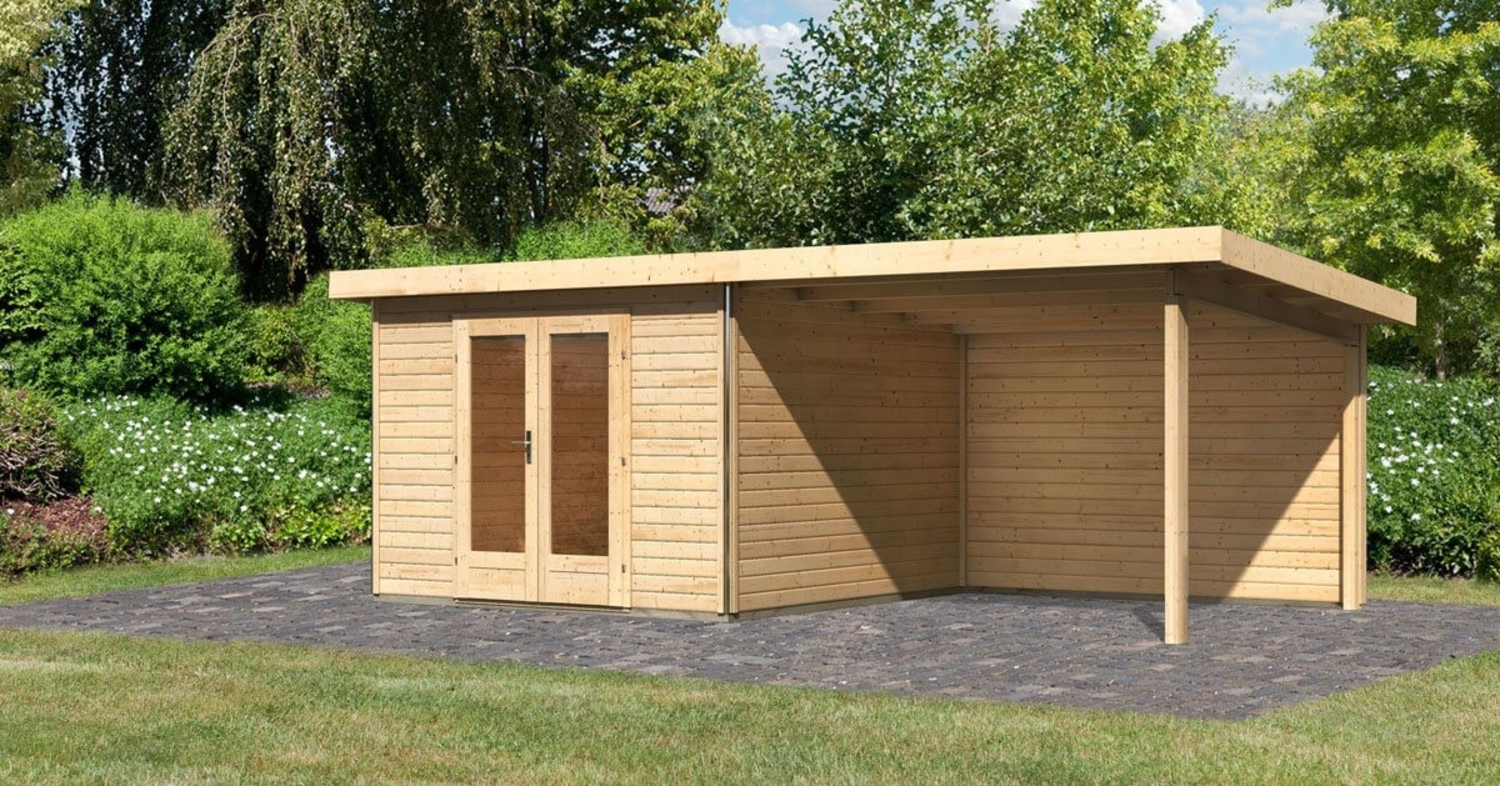 Gartenhaus Radeburg 1 - 309x309 cm plus Anbaudach 3,30m mit Rückwand, 40 mm Holz naturbelassen, Karibu Bild 1