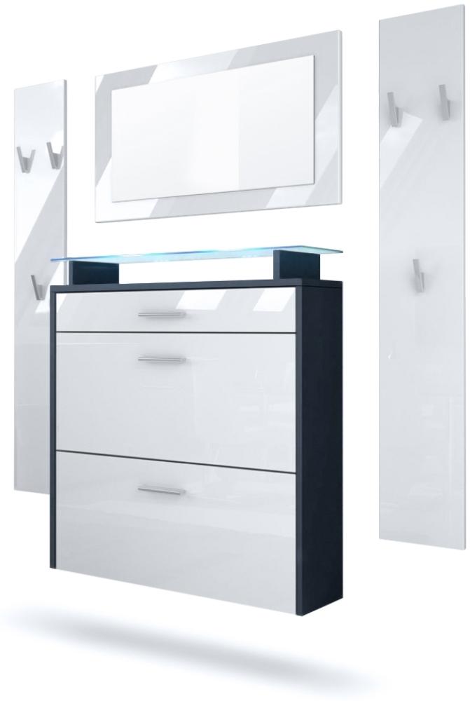 Vladon Garderobe Malea, Garderobenset bestehend aus 1 Hängeschuhschrank, 1 Wandspiegel und 2 Garderobenpaneele, Anthrazit matt/Weiß Hochglanz, inkl. LED-Beleuchtung blau Bild 1