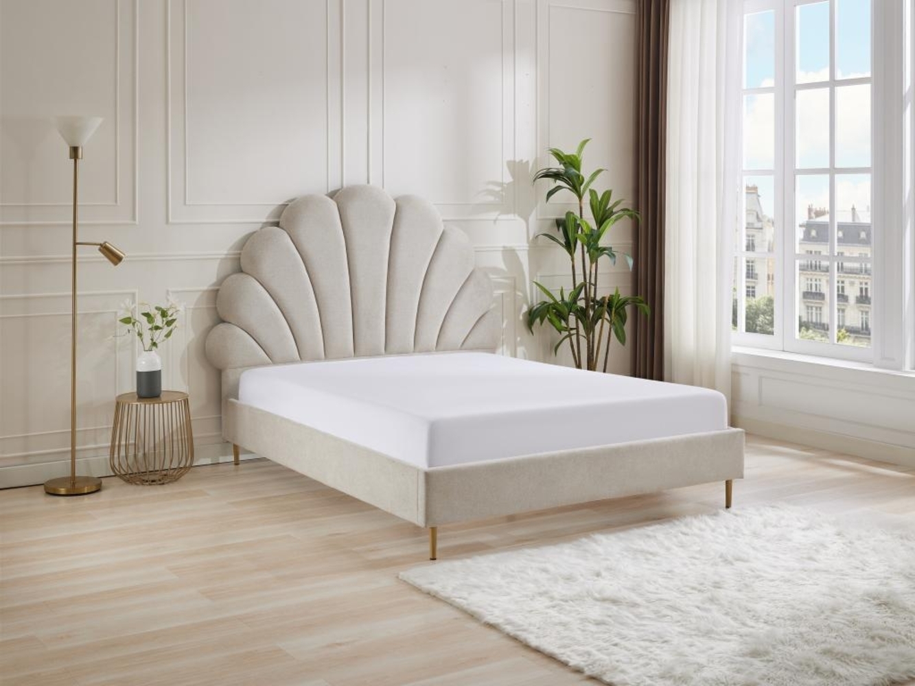 Vente-unique - Bett mit Kopfteil in Muschelform + Matratze - 160 x 200 cm - Stoff - Beige - LIVAYA Bild 1