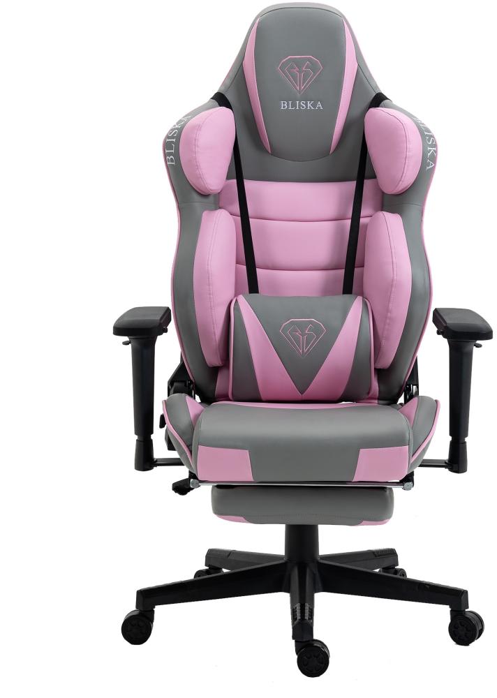 Gaming Stuhl Chair Racing Chefsessel mit Sportsitz und ergonomsichen 4D-Armlehnen Hellgrau / Rosa Bild 1