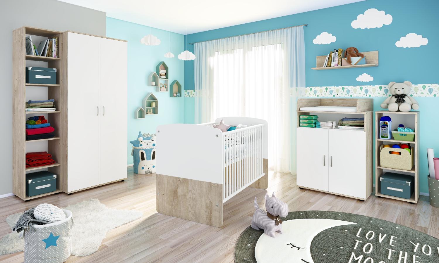 nonjoo Lani Set 6: best. aus Babybett, Kommode, Wickelaufsatz, Wandboard, Regal mit 3 Fächern, Regal mit 6 Fächern und Kleiderschrank 2-trg. Bild 1