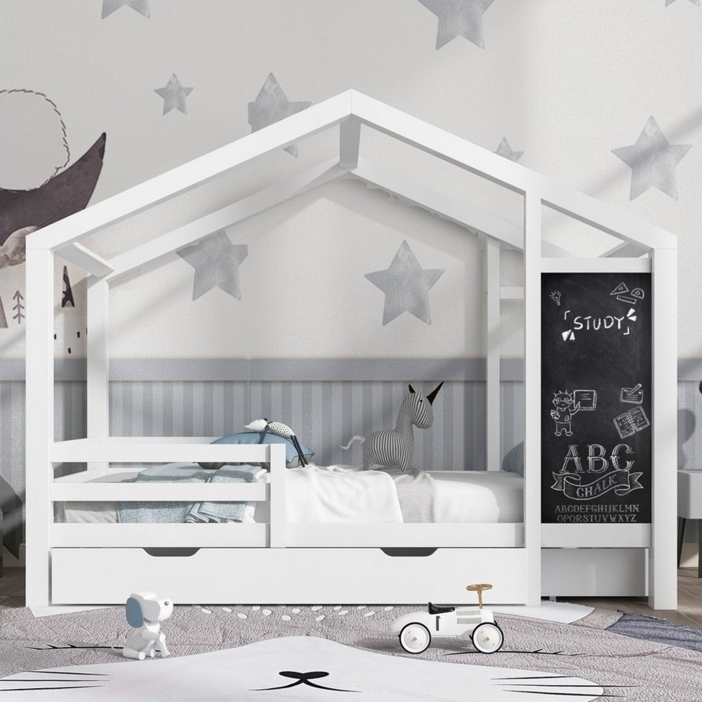 HAUSS SPLOE Kinderbett Kinderbett Hausbett Holzbett Bodenbett Bettgestell (Massivholz Bett mit 2 Schubladen ohne Matratze), 90×200cm, aus Kiefer Holz Bild 1