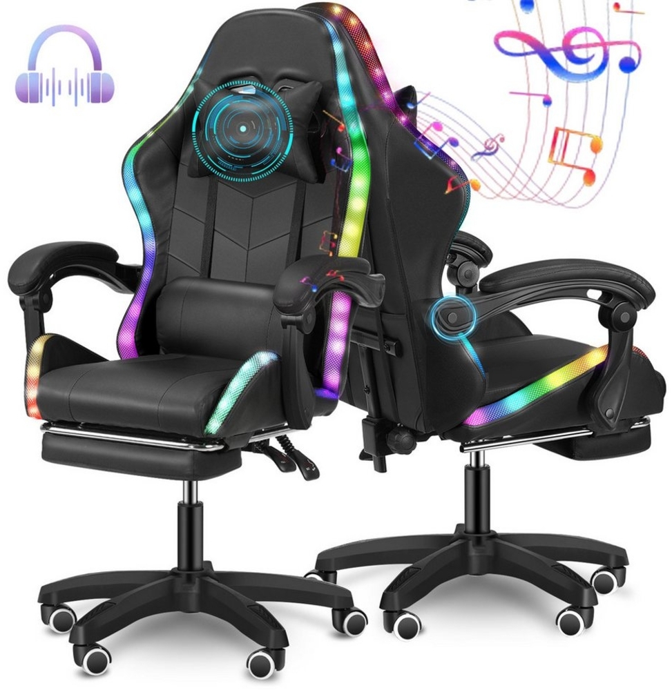 LETGOSPT Gaming-Stuhl Gaming-Stuhl HIFI Lautsprechern12RGB LED-Lichtern,Spielstuhl Bürostuhl (Gaming-Drehstuhl mit Lautsprechern, LED, Fußstütze und Kissen), Mit RGB-LEDs, Bluetooth-Sound, 135° Neigung und Wippfunktion Bild 1