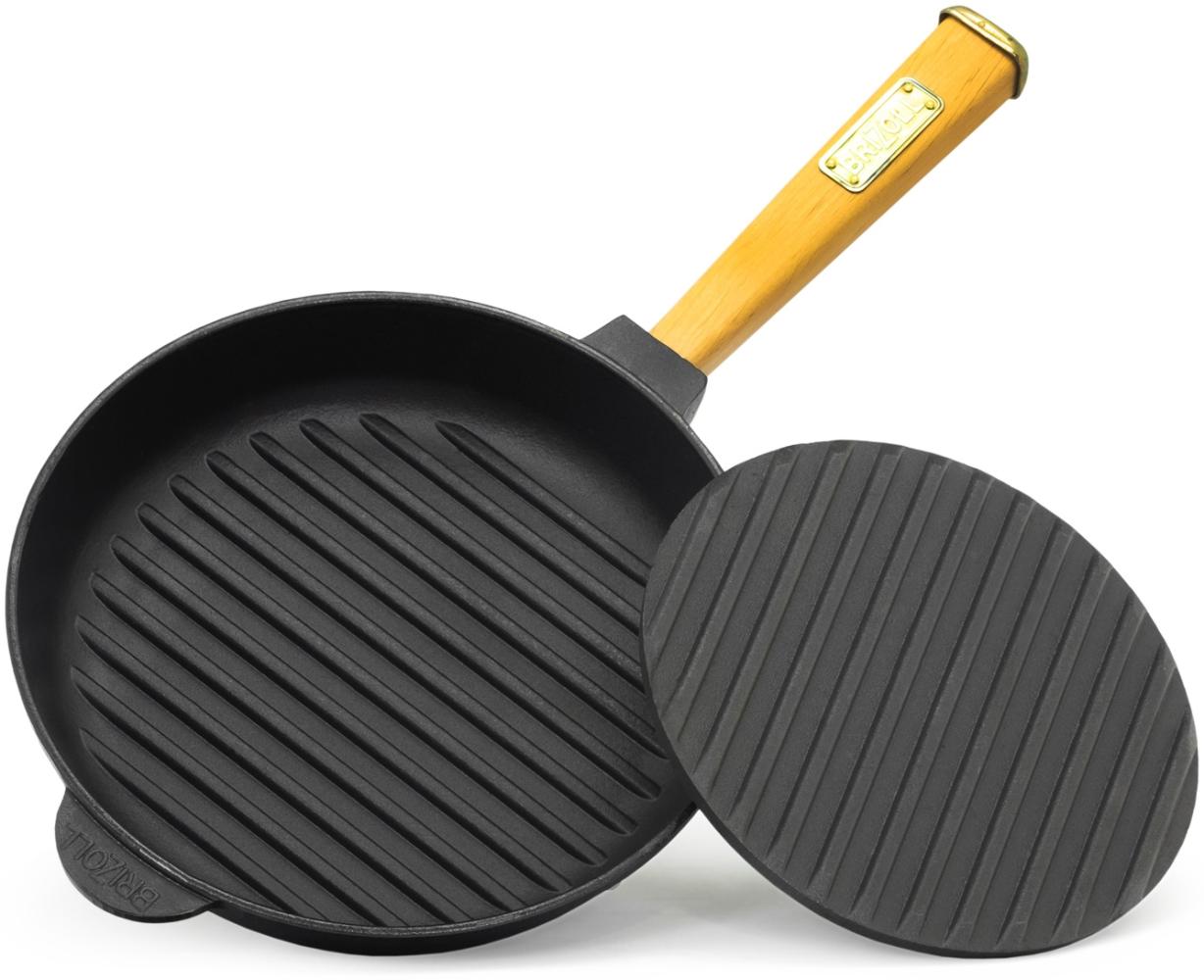 Ø26cm Grillpfanne Gusseisen mit Pressdeckel Induktion Holzgriff Bratpfanne Pfanne Feuerpfanne Bild 1