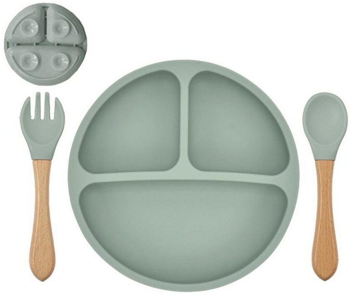 König Design Kindergeschirr-Set Babyteller Kinderteller mit Saugnapf Teller mit Löffel Gabel, 1 Personen, Silikon BPA Frei Baby Tischset für Baby und Kinder Bild 1