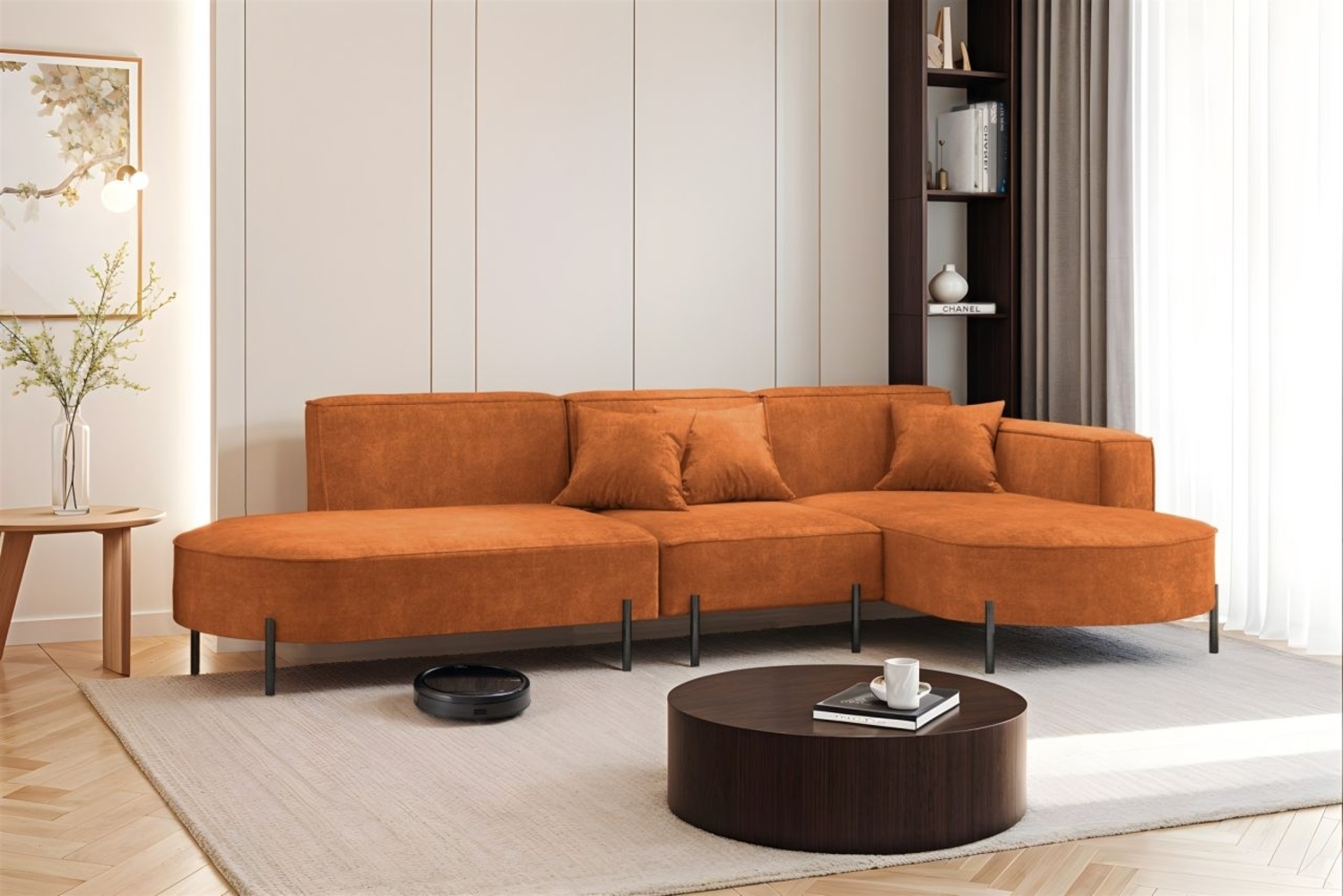 Ecksofa Designersofa VALENCIA in Stoff Noel Ziegelrot Ottomane Rechts Bild 1