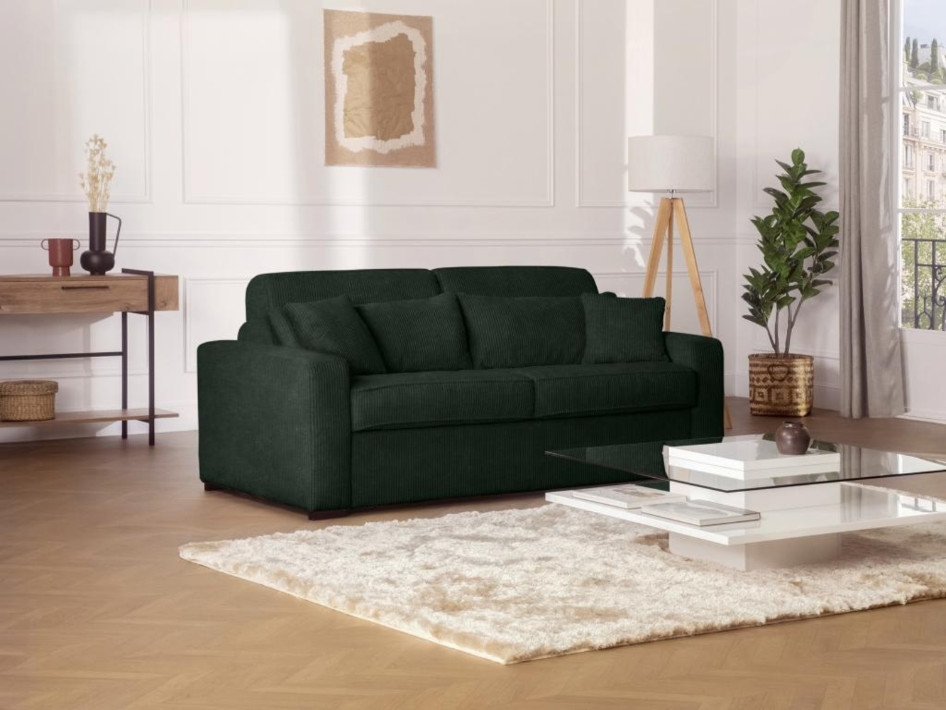 Vente-unique - Schlafsofa mit Matratze 4-Sitzer - Liegefläche mit Lattenrost mit breiten Latten 160 cm - Matratze 18 cm - Cord - Grün - MONDOVI Bild 1